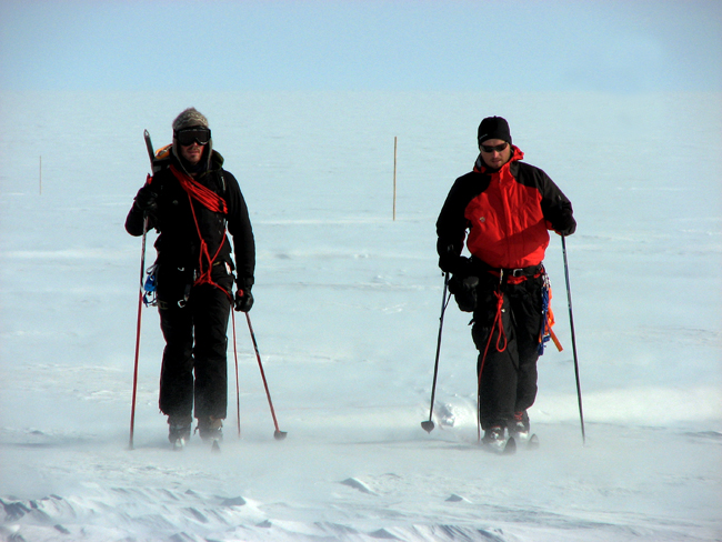 Scientists skiing in Greenland.